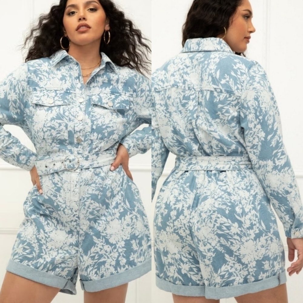 Eloquii Elements Floral Denim Romper In Blue And White Size 26